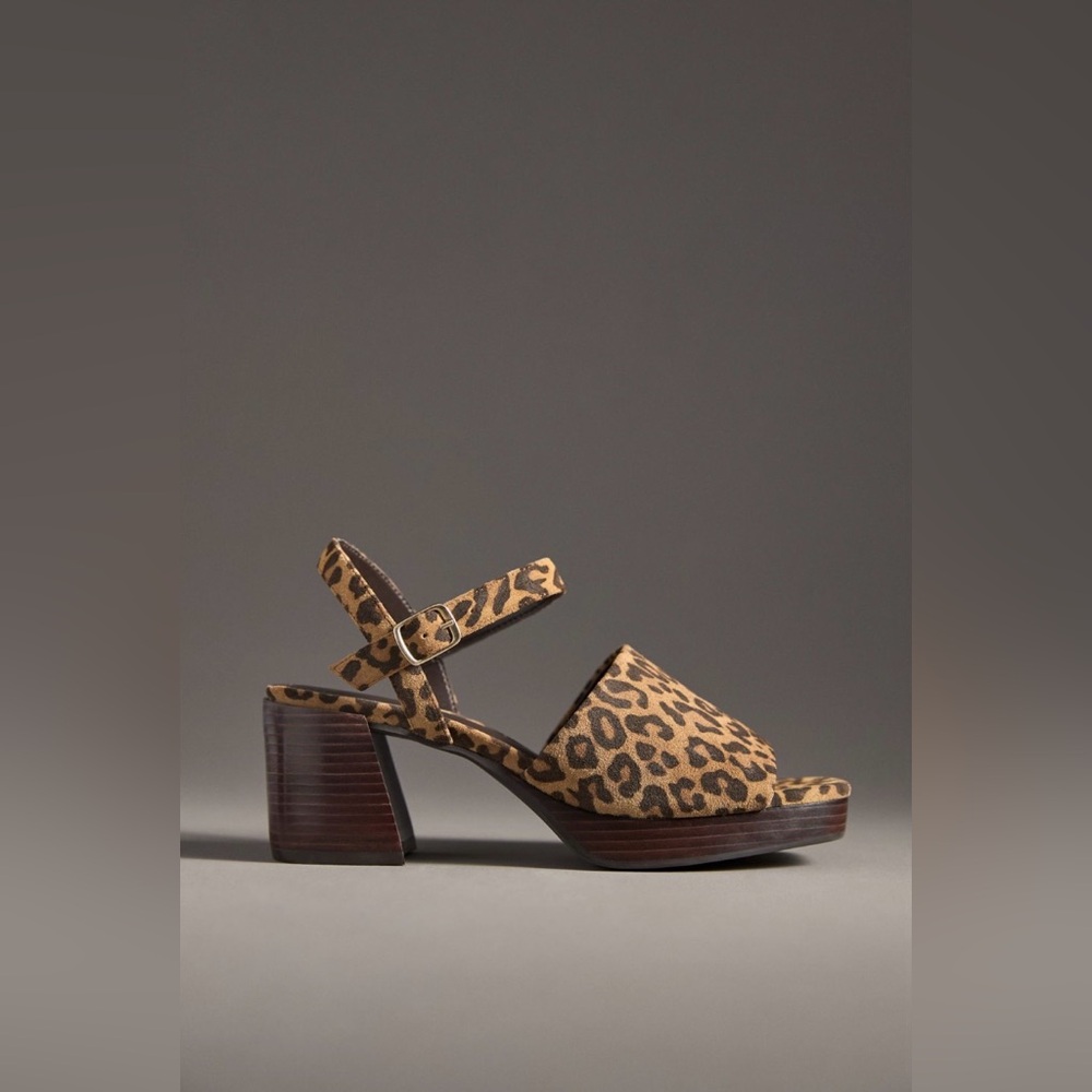 Anthropologie Buckle Open Toe Block Heels In: Cheetah